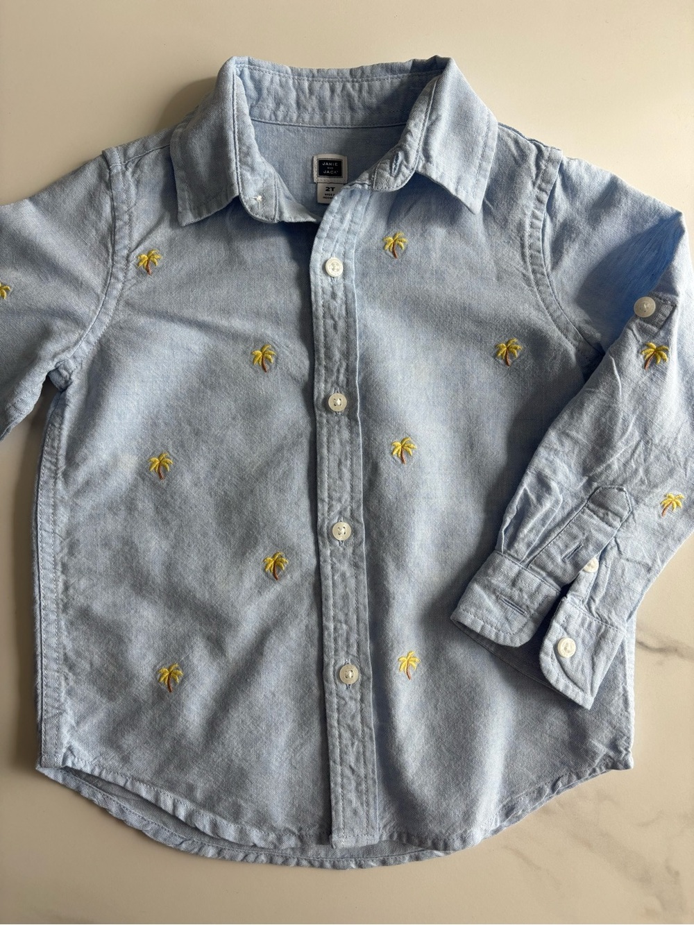 Janie and Jack Light Blue Button-Up Shirt with Yellow Palm Embroidery 2T